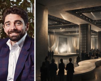 Ryan Simonetti, president and CEO of Convene Hospitality Group, and a rendering of The Aperture.