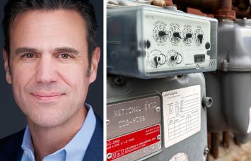 Scott Jennings of PSEG Long Island and a bank of National Grid electric meters.