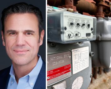 Scott Jennings of PSEG Long Island and a bank of National Grid electric meters.