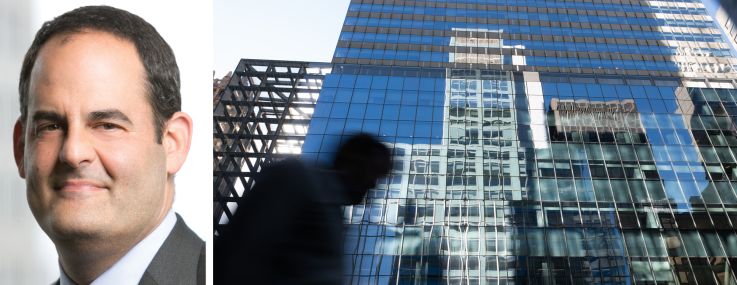 Apollo Commercial Real Estate's Scott Weiner and a reflection of buildings in midtown Manhattan.