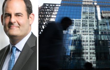 Apollo Commercial Real Estate's Scott Weiner and a reflection of buildings in midtown Manhattan.