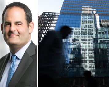 Apollo Commercial Real Estate's Scott Weiner and a reflection of buildings in midtown Manhattan.