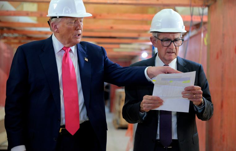 President Donald Trump and Federal Reserve Chair Jerome Powell tour the Federal Reserve’s $2.5 billion headquarters renovation project in July.
