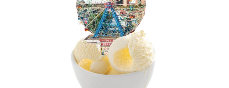 Close up of bowl of ice cream with the Wonder Wheel on top.