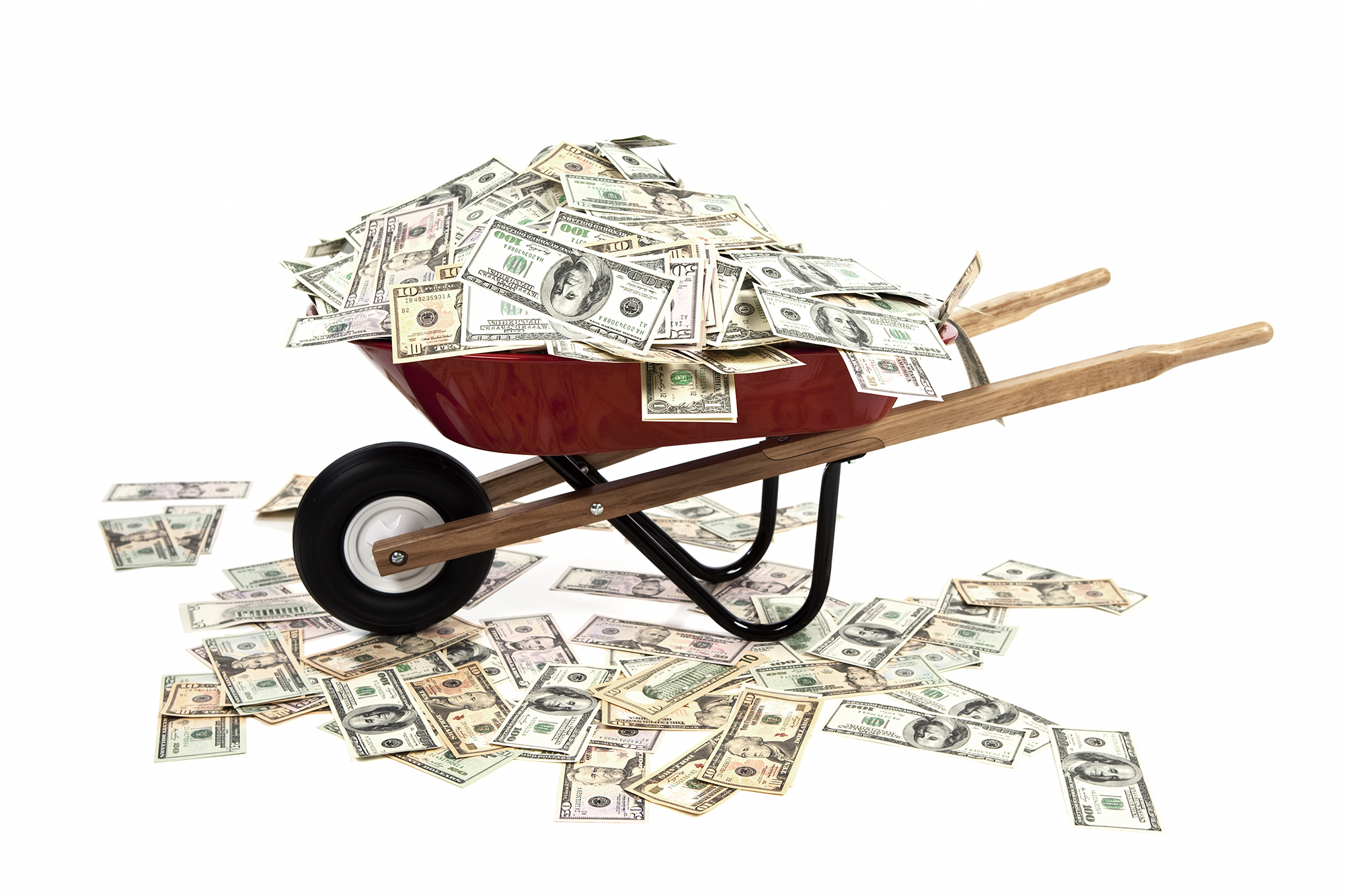 A red wheelbarrow filled with money.