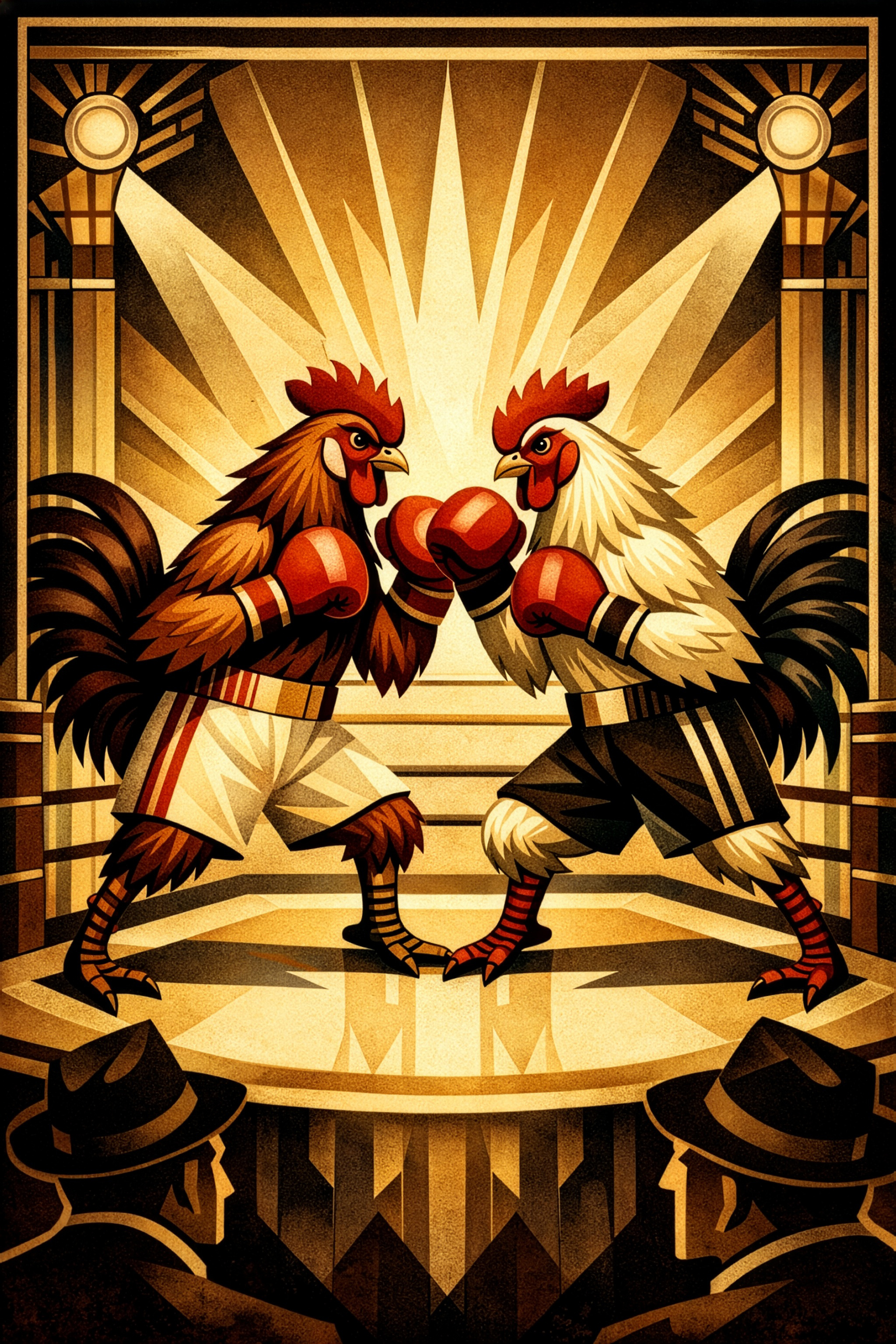 An art deco style illustration of two chickens boxing.