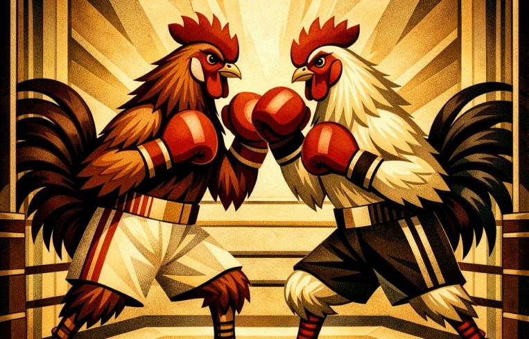 An art deco style illustration of two chickens boxing.