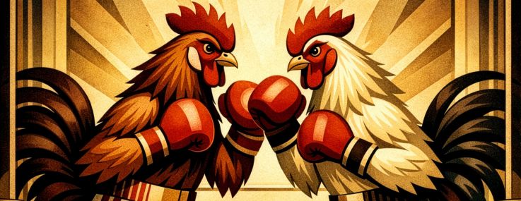 An art deco style illustration of two chickens boxing.