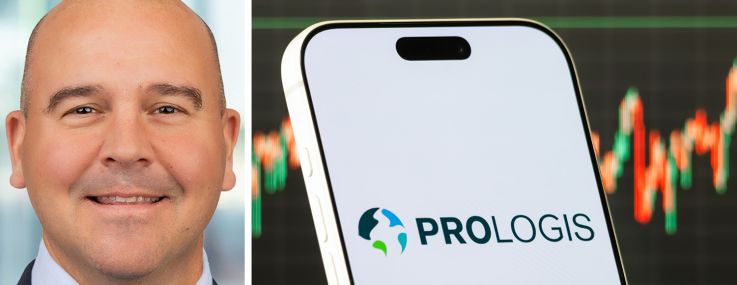 Prologis CEO Dan Letter and a mobile phone displaying Prologis' logo.
