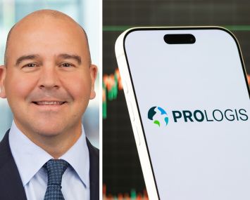 Prologis CEO Dan Letter and a mobile phone displaying Prologis' logo.