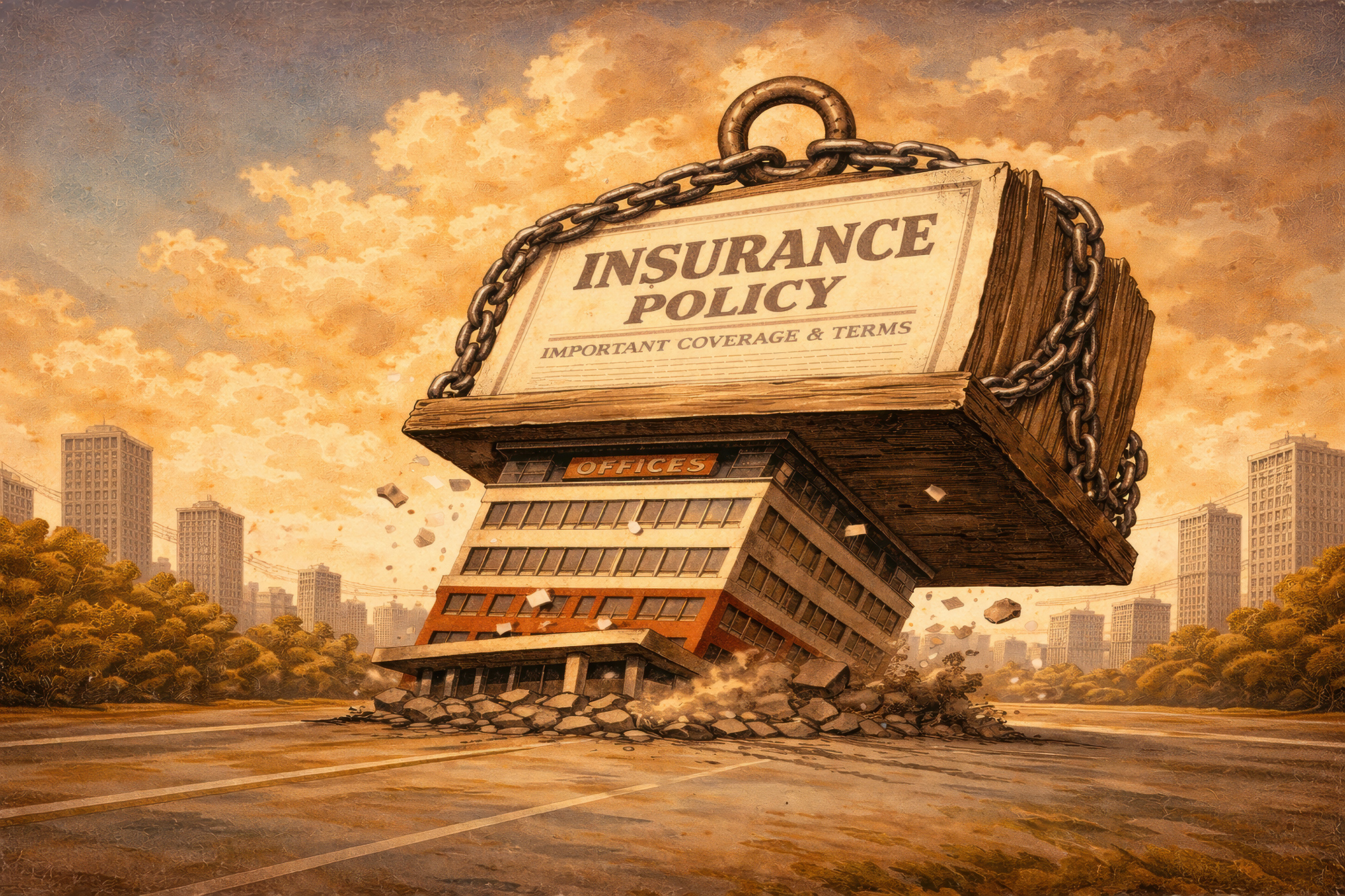 An illustration of an insurance policy weighing down an office building.