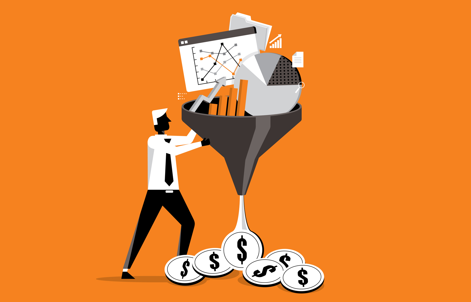 An illustration of data going into a funnel with money coming out the other end.