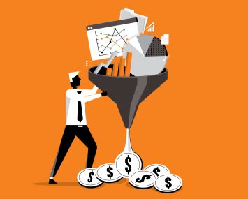 An illustration of data going into a funnel with money coming out the other end.
