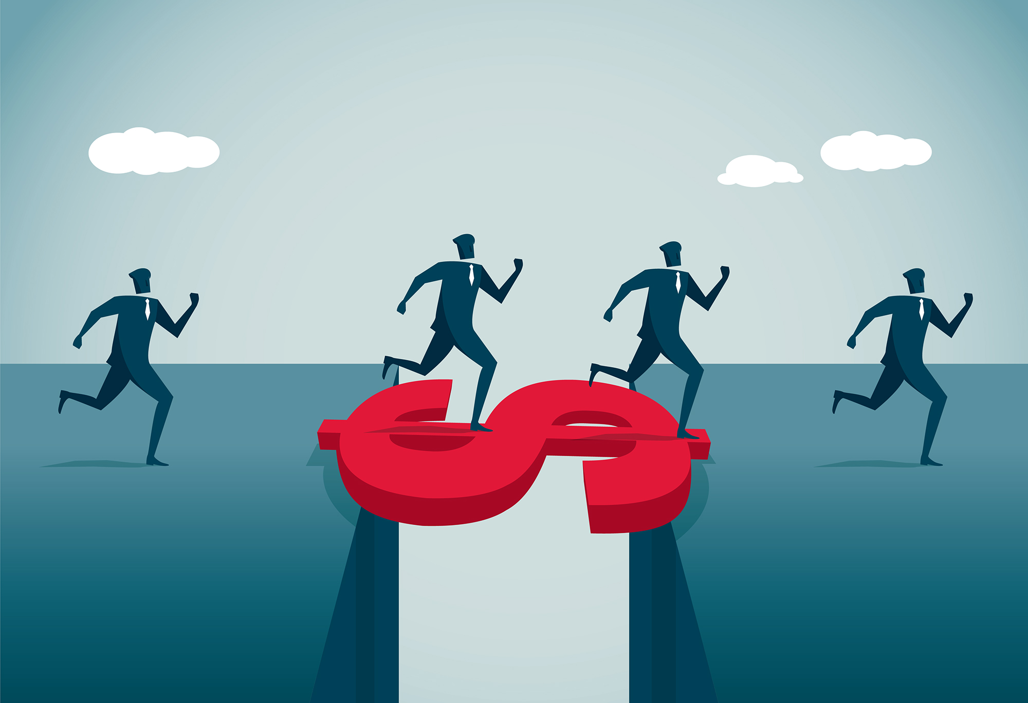 An illustration of people running across a dollar sign bridge over a chasm.