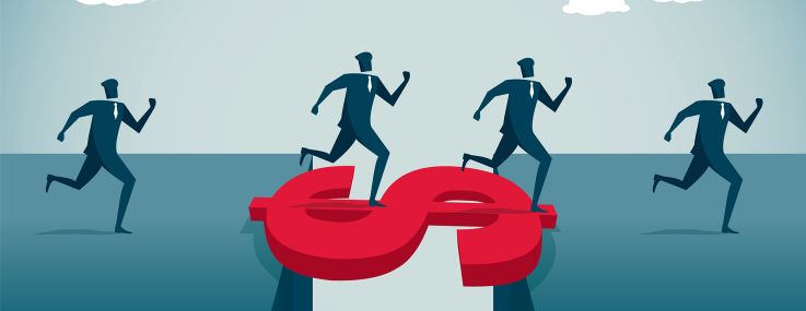 An illustration of people running across a dollar sign bridge over a chasm.