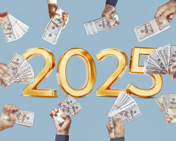 An illustration with hands holding wads of money overlayed on the year 2025.