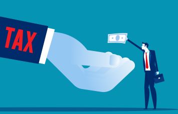 An illustration of a person in a business suit paying taxes.