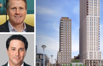 Tom Traynor (top) and CEO Michael Arougheti of CBRE. Rendering of 1 Java Street in Green Point, Brooklyn.