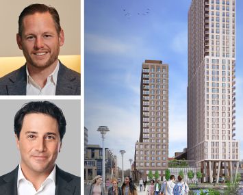 Tom Traynor (top) and CEO Michael Arougheti of CBRE. Rendering of 1 Java Street in Green Point, Brooklyn.