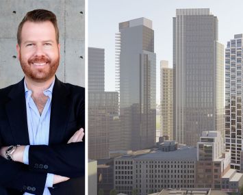 Sam Charney and a rendering of 95 Rockwell Place in Fort Greene, Brooklyn.