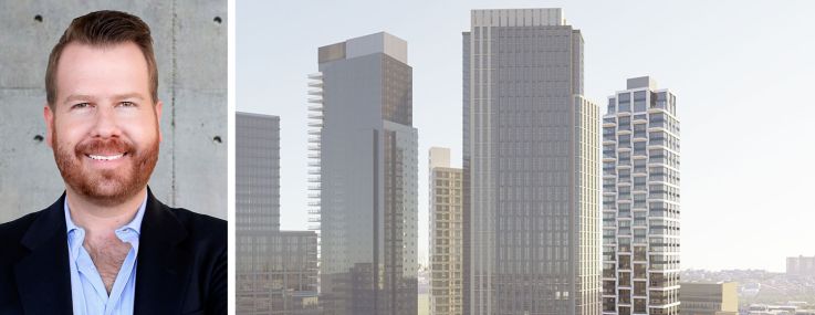 Sam Charney and a rendering of 95 Rockwell Place in Fort Greene, Brooklyn.