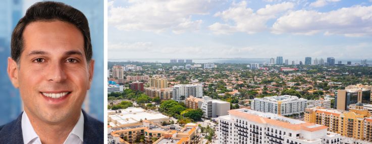 Dwight Mortgage Trust's Adam Sasouness and an aerial view of Coral Gables, Fla.