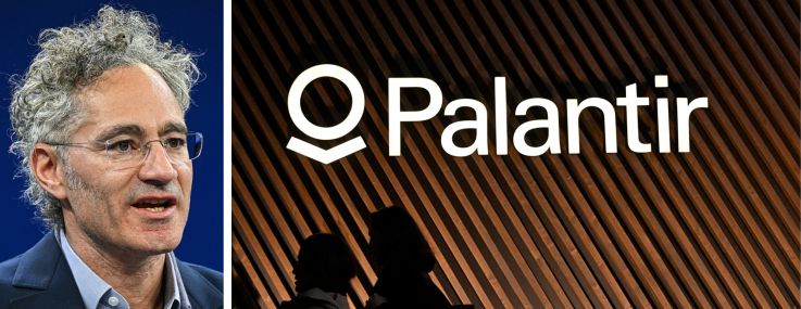 Palantir Technologies CEO Alex Karp and the company's booth at the World Economic Forum in Davos, Switzerland.