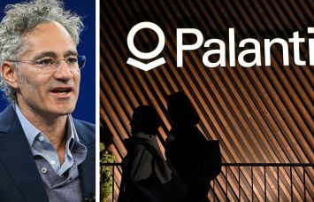 Palantir Technologies CEO Alex Karp and the company's booth at the World Economic Forum in Davos, Switzerland.