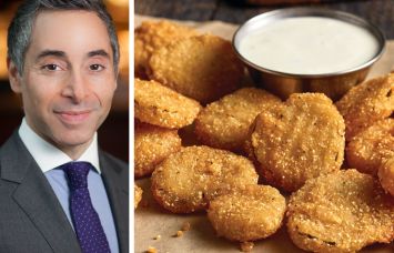 Zaxby's CEO Bernard Acoca and Zaxby's fried pickles.