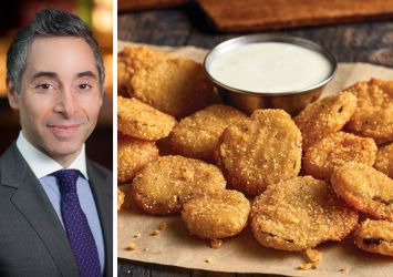 Zaxby's CEO Bernard Acoca and Zaxby's fried pickles.