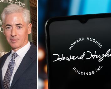 Howard Hughes, CEO of Howard Hughes Holdings Inc., and the Howard Hughes logo displayed on a cell phone.