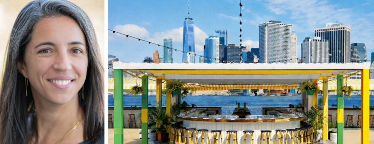 Clare Newman, president and CEO of The Trust for Governors Island, and a rendering of Six Coasts by Smorgasburg on Governors Island.