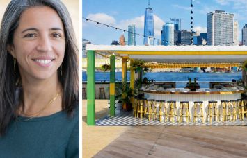 Clare Newman, president and CEO of The Trust for Governors Island, and a rendering of Six Coasts by Smorgasburg on Governors Island.