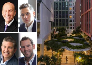 L&L Holding's David Levinson (top left) and Robert Lapidus (bottom left), Oak Row Equities' Erik Rutter (top right) and David Weitz (bottom right), and Wynwood Plaza in Miami.