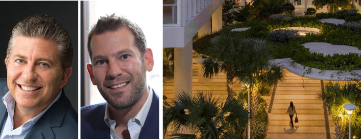 L&L Holding's David Levinson (top left) and Robert Lapidus (bottom left), Oak Row Equities' Erik Rutter (top right) and David Weitz (bottom right), and Wynwood Plaza in Miami.