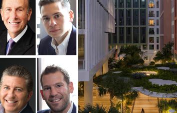 L&L Holding's David Levinson (top left) and Robert Lapidus (bottom left), Oak Row Equities' Erik Rutter (top right) and David Weitz (bottom right), and Wynwood Plaza in Miami.