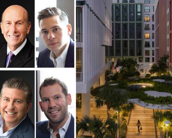 L&L Holding's David Levinson (top left) and Robert Lapidus (bottom left), Oak Row Equities' Erik Rutter (top right) and David Weitz (bottom right), and Wynwood Plaza in Miami.