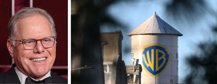Warner Bros Discovery CEO David Zaslav (top), Paramount Skydance CEO David Ellison and the Warner Bros. Studios in Burbank, Calif.
