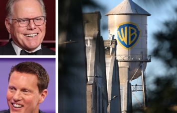 Warner Bros Discovery CEO David Zaslav (top), Paramount Skydance CEO David Ellison and the Warner Bros. Studios in Burbank, Calif.