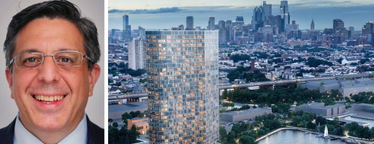 Brevet Capital CEO Douglas Monticciolo and a rendering of Wharton Piers in Philadelphia.