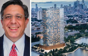 Brevet Capital CEO Douglas Monticciolo and a rendering of Wharton Piers in Philadelphia.