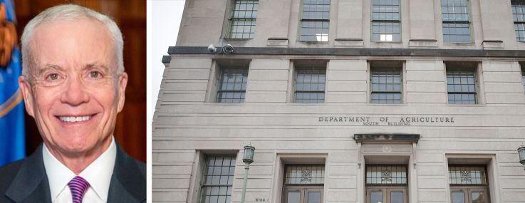 General Services Administration administrator Ed Forst and the Department of Agriculture South Building in Washington, D.C.