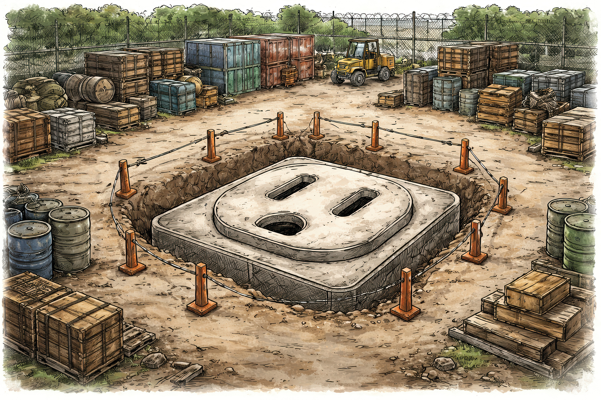 An illustration of a giant outlet in the ground at an industrial outdoor storage site.