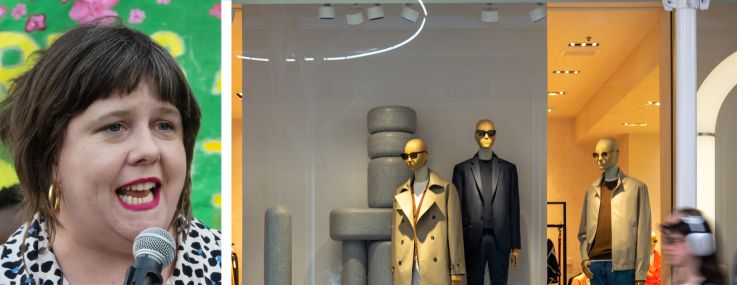 State Assemblymember Emily Gallagher (top), State Senator Julia Salazar, and pedestrians passing by a store window.