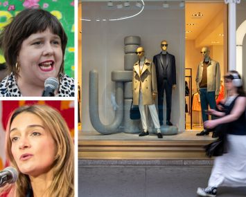 State Assemblymember Emily Gallagher (top), State Senator Julia Salazar, and pedestrians passing by a store window.