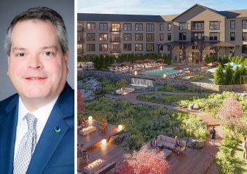 OceanFirst Bank's George Destafney and a rendering of the planned Sylvan Woods Yorktown in Yorktown, N.Y.