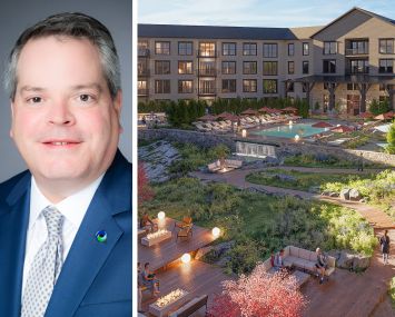 OceanFirst Bank's George Destafney and a rendering of the planned Sylvan Woods Yorktown in Yorktown, N.Y.