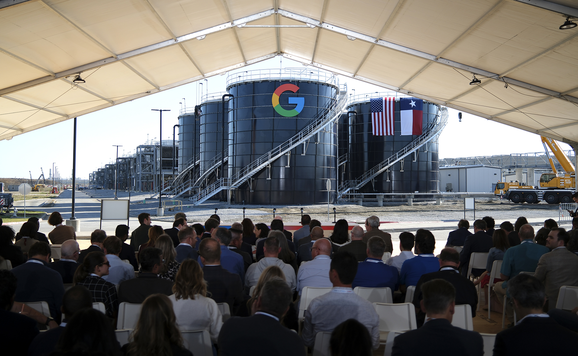 Attendees await the arrival of Texas Gov. Greg Abbott and Alphabet CEO Sundar Pichai at the Google Midlothian Data Center in Midlothian, Texas.