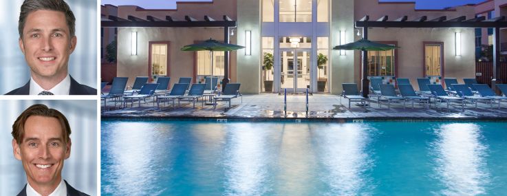 Joe Grabiec (top), Kevin Green (center), and Greg Harris of Institutional Property Advisors and the Hancock Terrace multifamily building in Santa Maria, Ca.