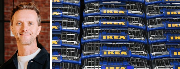Inter IKEA Group CEO Jakub Jankowski and rows of shopping carts in an IKEA store.